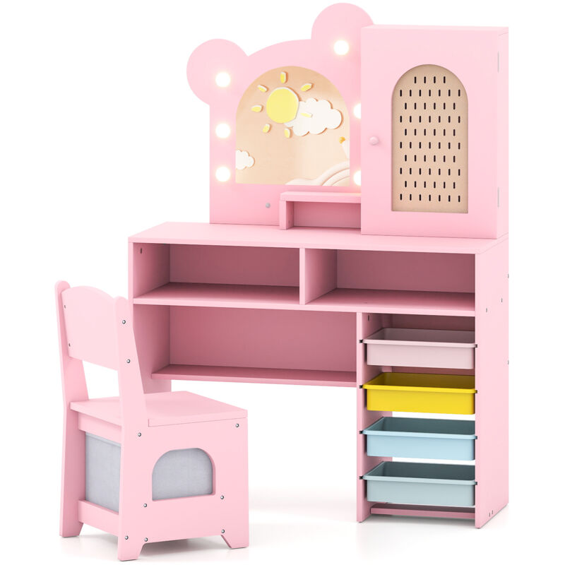 COSTWAY Kids Princess Vanity Table & Chair Set with 5 Drawers & Lights-Pink