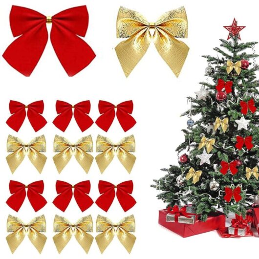 Christmas tree accessories, 100 pieces small Christmas tree bows, red Christmas bows, golden Christmas decorations with bow, suitable for hanging