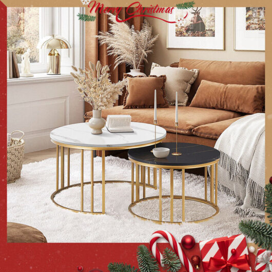 Clipop - Coffee Table Set, Nesting Coffee Table,Stacking End Side Table with Golden Metal Frame,Whiteblack