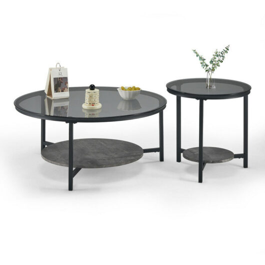 Clipop - Coffee Table Set,Round Nesting Coffee Table,Glass End Side Table for Living Room with Black Cross Metal Frame