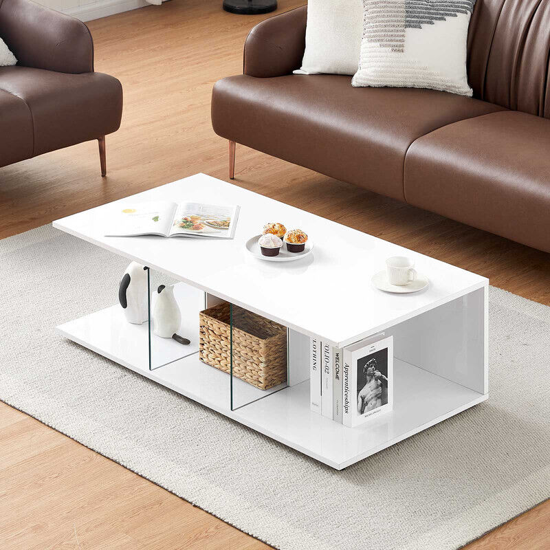 Clipop - High Gloss Coffee Table with 2 Glass Open Shelves Wooden Centre Sofa Side Tea Table for Living Room Lounge Space (square-white)