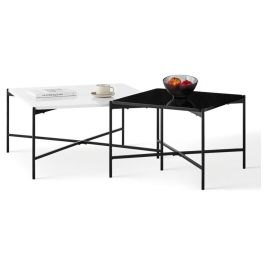 Clipop - Square Nesting Coffee Table Set of 2 Industrial, 18mm High Gloss Wood Top Stacking Side Tables with Metal Legs Accent End Table for Living