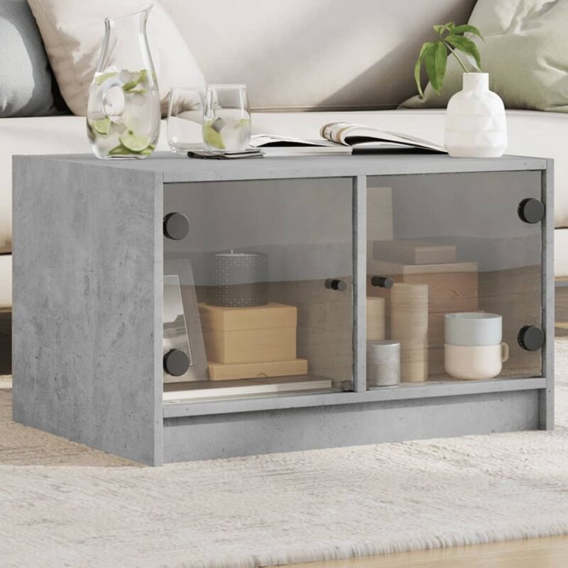 Coffee Table with Glass Doors Concrete Grey 68x50x42 cm Vidaxl