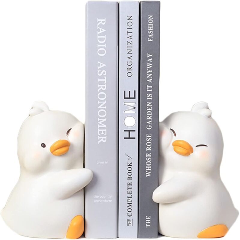 Cute decorative bookends shaped like cuddly ducks, unique bookends to hold books, creative resin book holder stopper for home, office, shelf