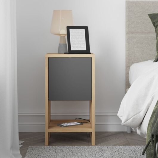 Decortie - Ema Modern Bedside Table Oak Anthracite Grey 30cm Width Bedroom Furniture - Oak - Anthracite Grey