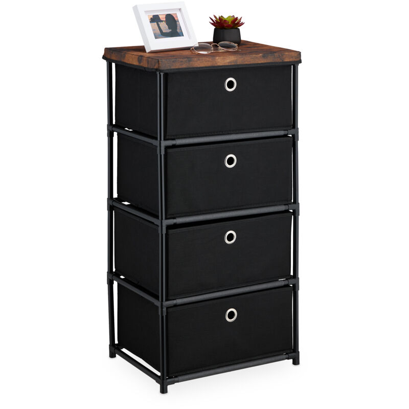 Dresser Storage Unit, 4 Fabric Drawers, Metal, Wood Effect, 85x43x33 cm, Side Table, Organiser, Black/Brown - Relaxdays
