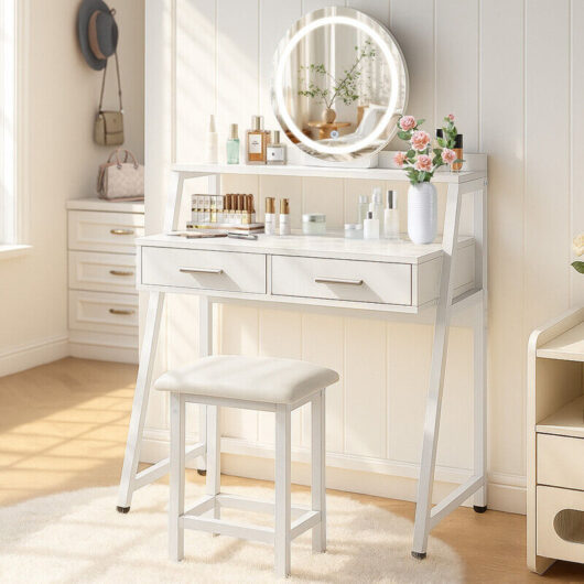Dressing Table with Round Mirror and Stool, Vanity Makeup Desk Set with Adjustable LED Lights, 2 Large Drawers & Metal Legs Frame, 2 Tier Wooden