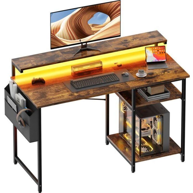EcoFurnix Gaming Desk with LED Lights, Computer Desk with Adjustable Monitor Stand, 120 x 48 cm Gaming Table with Shelves, Brown