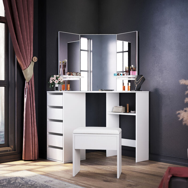 Elegant - Bedroom Furniture Corner Dressing Table Makeup Desk with 3 Large Mirrors 5 Drawers, White Dresser Set with Stool