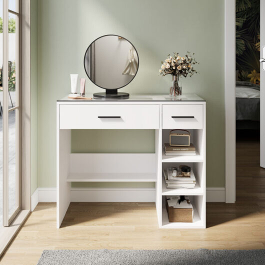 Elegant - Dressing Table, Single Table High Gloss Dressing Cabinet with 2 Drawers and Open Shelves, Modern Design Applicable to Multiple Scenarios,