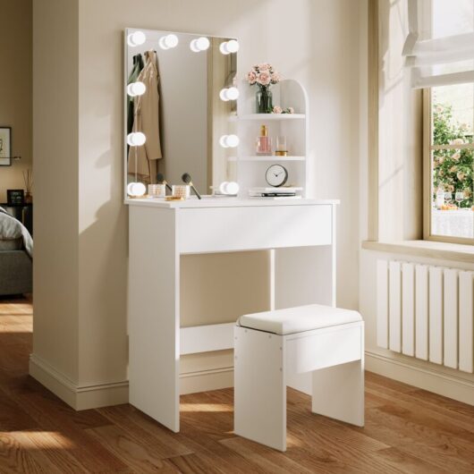Elegant - Dressing Table with led Lights, Vanity Makeup Table Adjustable Brightness with Stool, 70x40x140cm White