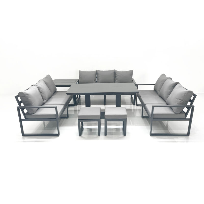 Fimous 11 Seater Garden Sofa Set Aluminium Furniture Rising Dining Tabe Set with Side Table 2 Small Footstools Dark Grey