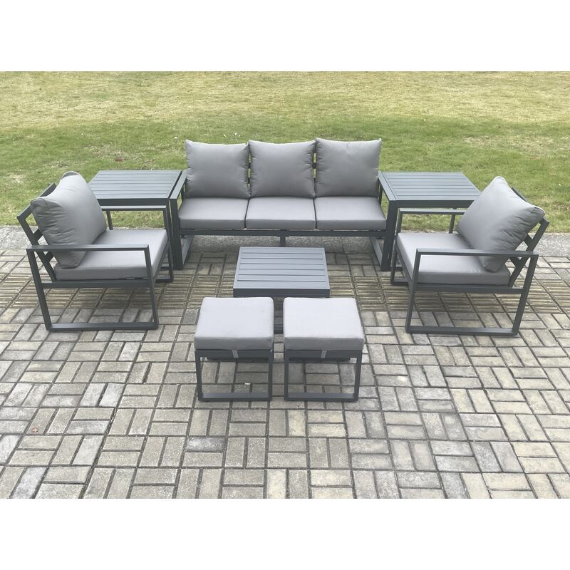 Fimous Aluminium 7 Seater Outdoor Lounge Sofa Set Garden Furniture Sets with Square Coffee Table 2 Chairs 2 Small Footstools 2 Side Tables Dark Grey