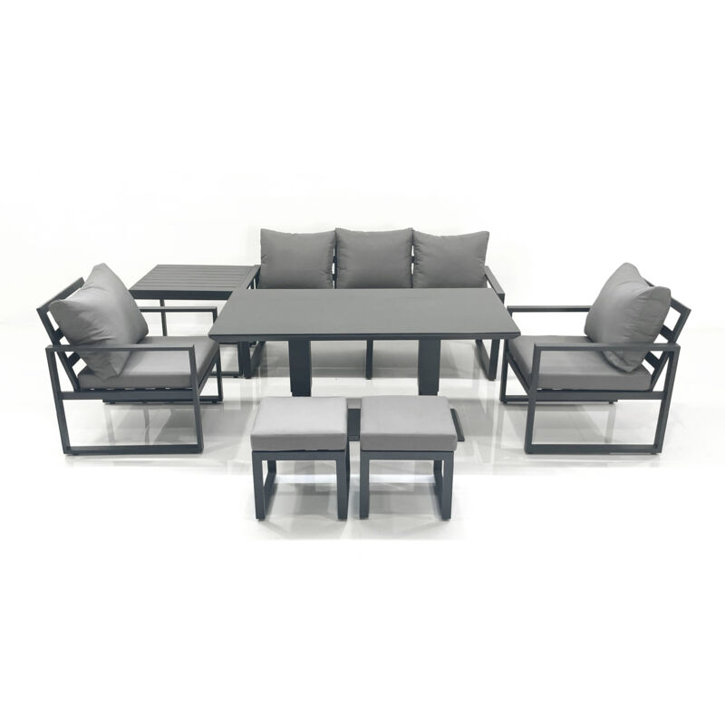 Fimous Outdoor Aluminium Garden Furniture Set with Adjustable Rising Lifting Dining Table 3 Seater Sofa 2 Chair 2 Small Footstools Side Table Dark