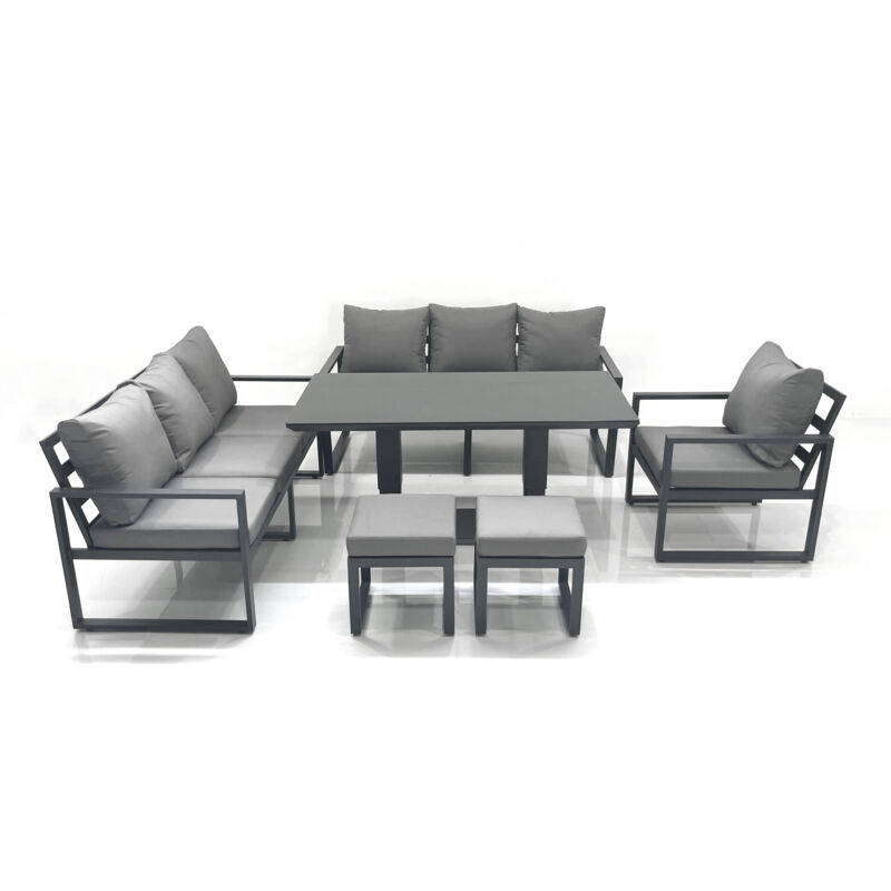 Fimous Outdoor Garden Furniture Set Aluminium Lounge Sofa Adjustable Rising Lifting Dining Table Sets with 2 Small Footstools Dark Grey