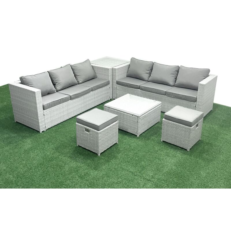 Fimous Rattan Garden Outdoor Furniture Set 8 Seater Rattan Garden Sofa Set with 2 Small Footstool Side Table Light Grey Mixed