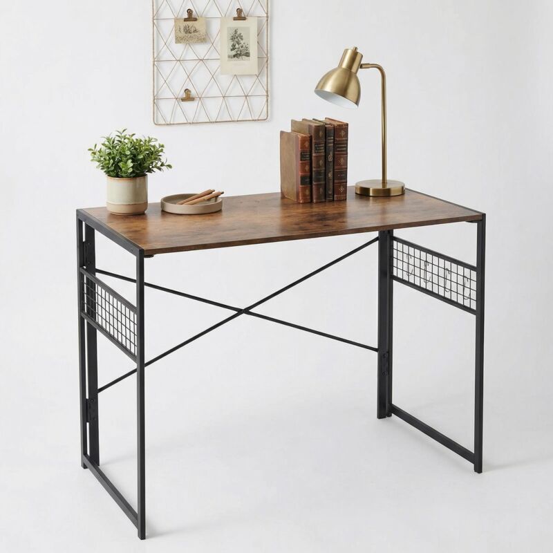 Folding Computer Table, Foldable Desk, Iron Mesh with 8 S-Hooks, MDF & Metal Frame, Portable Desk for Home Office, Writing Workstation for Living