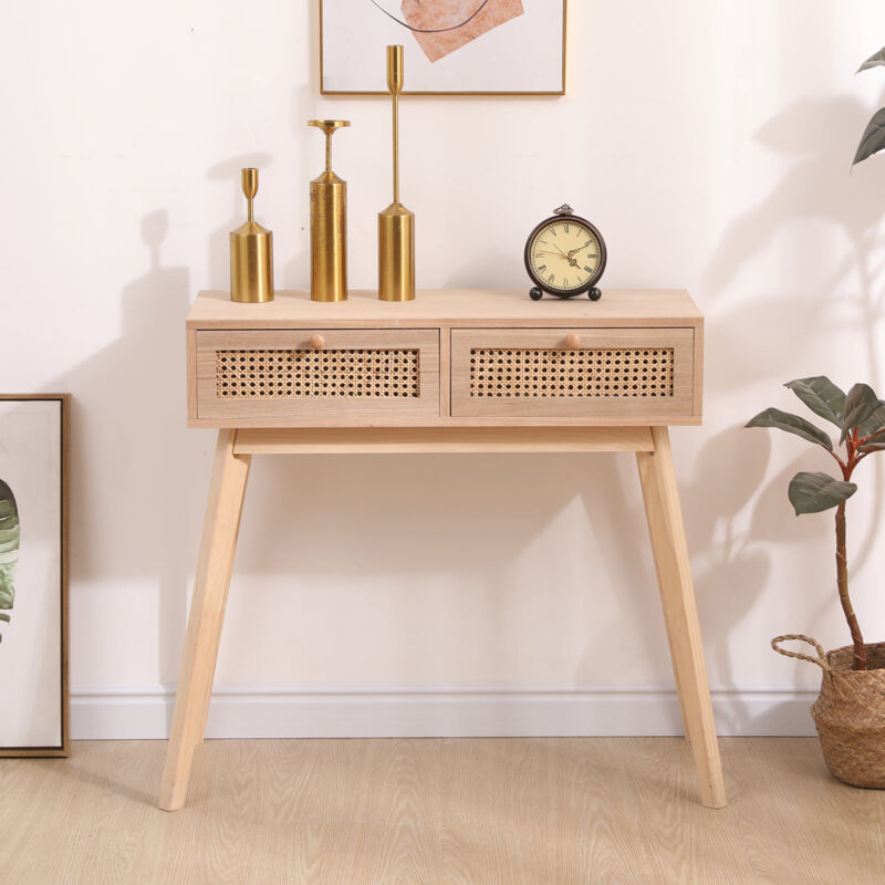 Furniture Hmd - Rattan 2 Drawer Console Table End Hallway Table,Natural