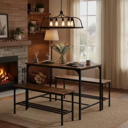 FurnitureR 110cm Dining Table with 2 Benches Sets, Set of 3, Steel Frame and Wood, Ruatic Brown Industrial Style, for 4 People Kitchen, Restaurant,