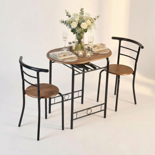 FurnitureR 3-Piece Dining Set, Oval Table & 2 Chairs Set, Kitchen Breakfast Nook Wood Grain Tabletop with Metal Frame and Built-in Wine Rack for