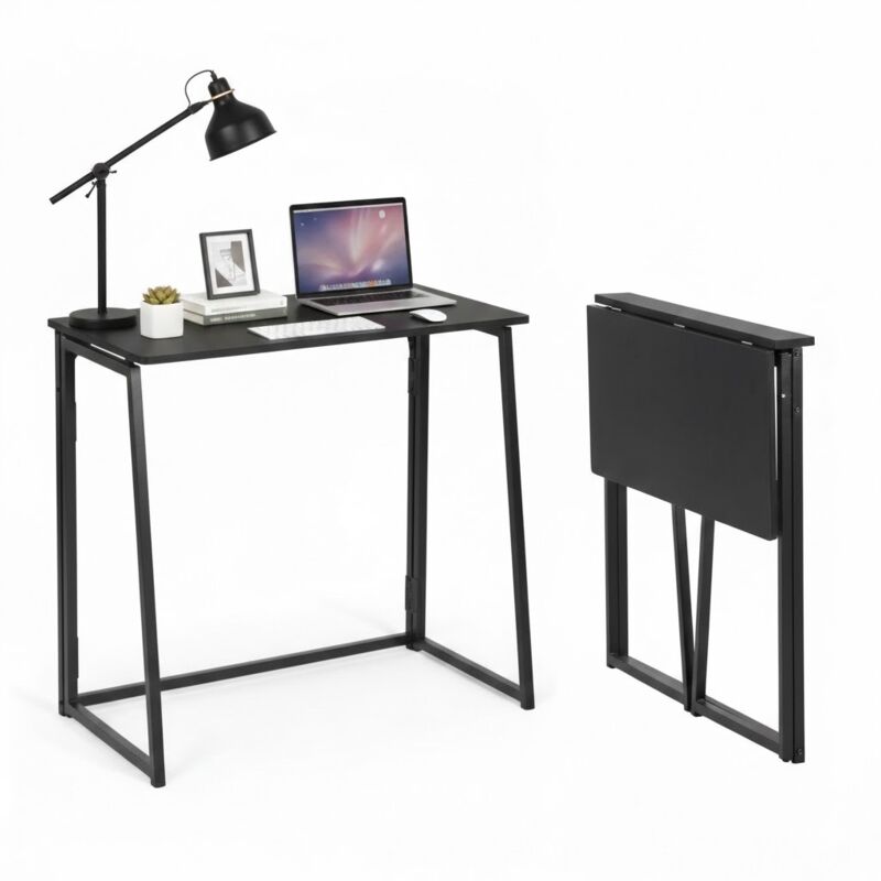 FurnitureR Folding Desk, Foldable Computer Table Workstation Study Desk for Home Office, Small Space, 80x40x74CM, Black