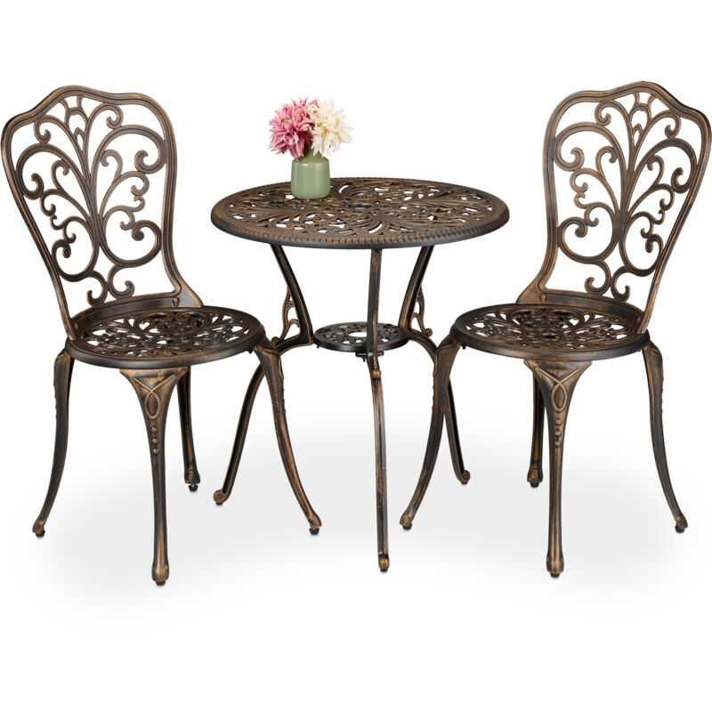 Garden Bistro Set, 3-Piece, Table & 2 Chairs, Antique Design, Patio Furniture, Outdoor Dining, Black/Bronze - Relaxdays