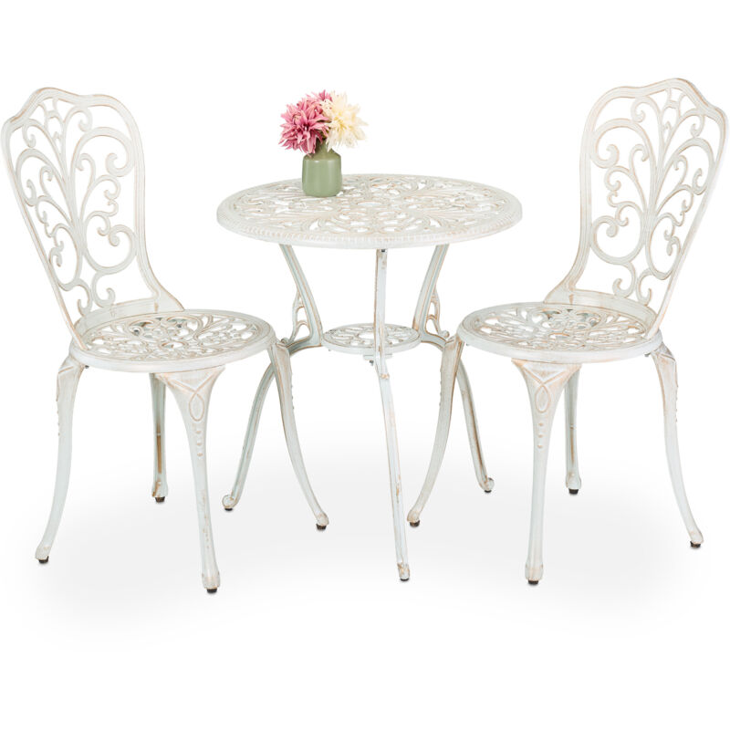 Garden Bistro Set, 3-Piece, Table & 2 Chairs, Antique Design, Patio Furniture, Outdoor Dining, White/Bronze - Relaxdays