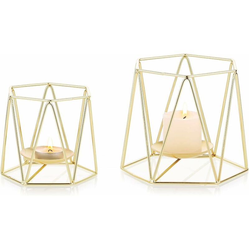 Golden Pillar Candle Holders, Set of 2 Elegant Metal Geometric Tealight Holders Christmas Halloween Candle Holder Centerpieces for Wedding Home