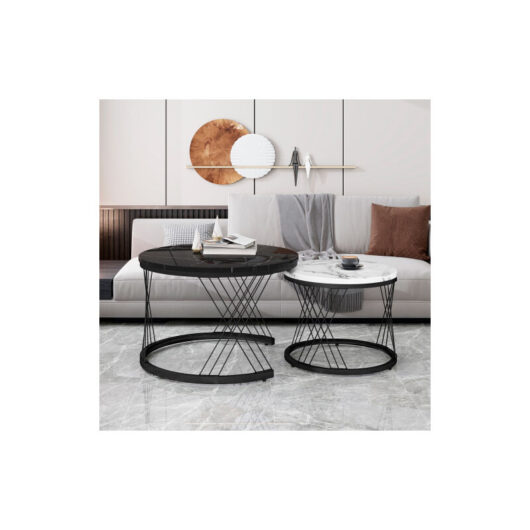 Groofoo - Round Coffee Table, Modern Coffee Table Set of 2 Marble Pattern Top with Metal Frame, Small Side Table, End Table for Living Room, Bedroom,