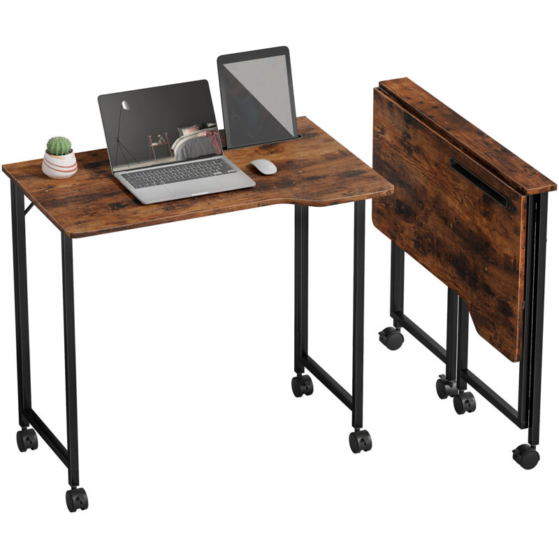 HOMCOM Small Writing Desk with Wheels, Folding Study Table, Rustic Brown