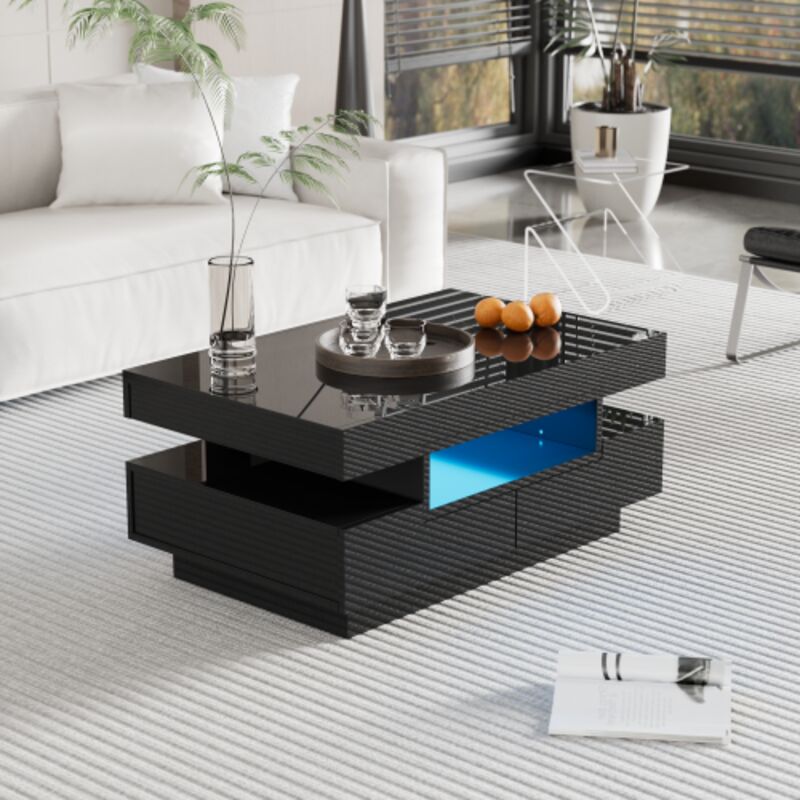 High-Gloss Coffee Table with LED Strips, Four Front and Rear Drawers, Large Storage Space