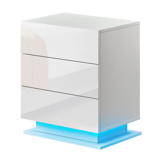 High Gloss Front Bedside Table 3 Drawers Nightstand with 16 RGB LED Lights, Chest of 3 Drawer Cabinet for Bedroom Living Room or Office