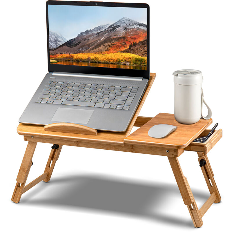 Holdfiturn Bamboo Laptop Bed Table Adjustable Laptop Table Laptop Desk Tray Table Foldable Breakfast Tray with Drawer