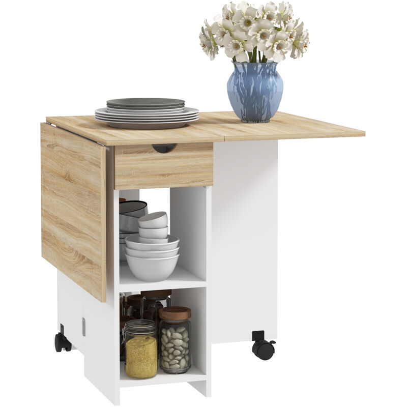 Homcom - Foldable Dining Table, Drop Leaf Table with Storage for Kitchen, Oak