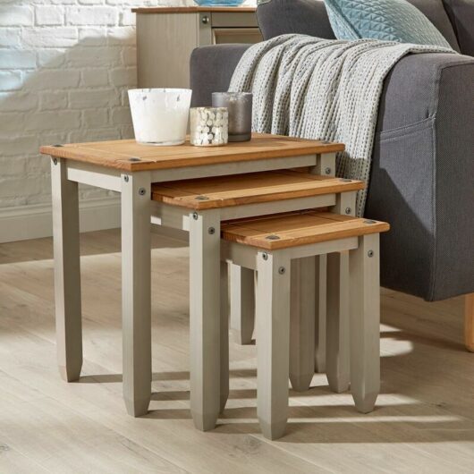 Home Source - Corona Grey Pine Nest of Tables Set of 3 Occasional Coffee Side Table Mexican
