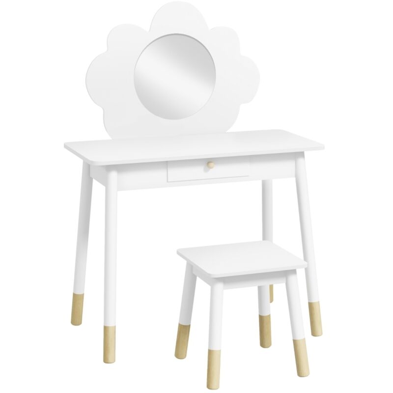 Kids Dressing Table with Mirror, Stool, Drawer, Cloud Design, White