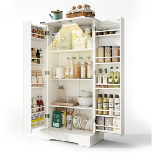 Kitchen Buffet 128.5 cm in Farmhouse Style - Storage Cabinet with LED Lighting, 2 Hinged Doors and Adjustable Shelves, Textured White Finish, Ideal