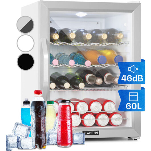 Klarstein Beer Fridge, Glass Mini Fridge for Bedrooms, Food, & Drinks, Home Bar Small Fridge Wine Cooler, Glass Door Drinks Fridge, 60L Table Top