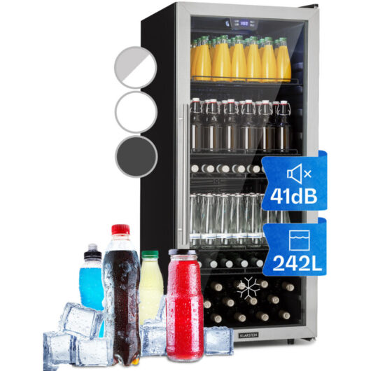 Klarstein - Beer Fridge, Glass Mini Fridge for Bedrooms, Food, & Drinks, Small Fridge Wine Cooler, Glass Door Drinks Fridge, 242L Table Top Fridge w/