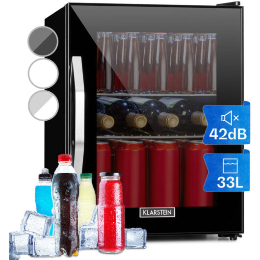 Klarstein Beer Fridge, Glass Mini Fridge for Bedrooms, Food, & Drinks, Small Fridge Wine Cooler, Glass Door Drinks Fridge, 33L Table Top Fridge w/