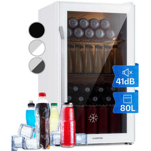 Klarstein Beer Fridge, Glass Mini Fridge for Bedrooms, Food, & Drinks, Small Fridge Wine Cooler, Glass Door Drinks Fridge, 80L Table Top Fridge w/