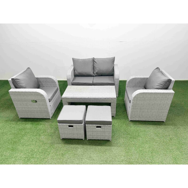 Light Grey pe Wicker Rattan Garden Furniture Set Sofa Set Reclining Adjustable Chair Oblong Coffee Table 6 Seater 2 Small Stools - Fimous