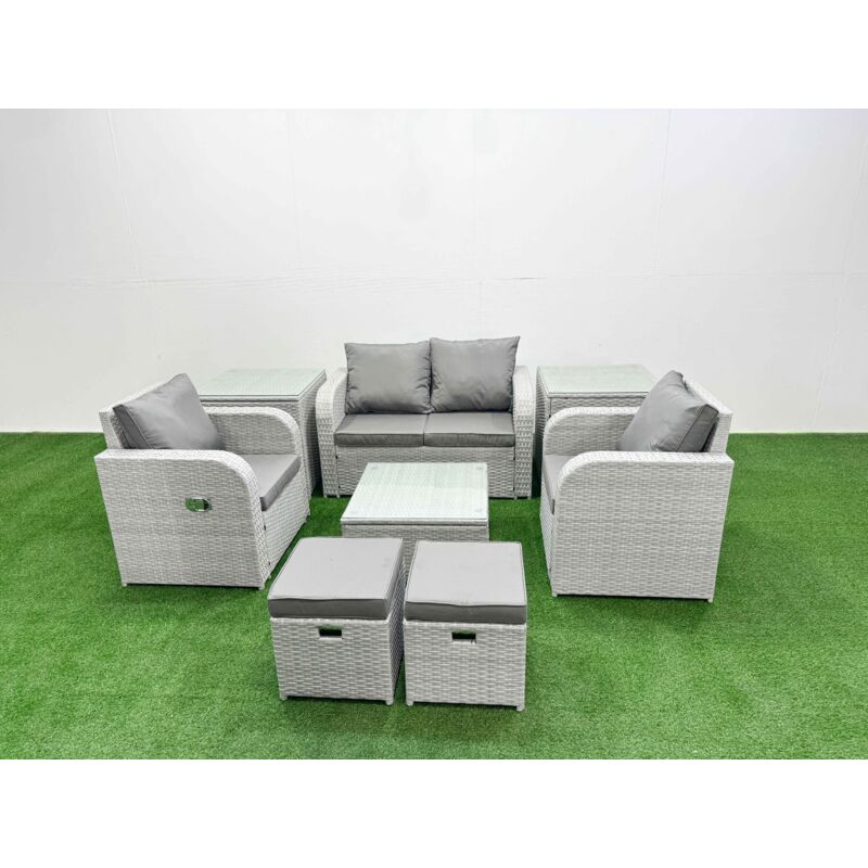 Light Grey pe Wicker Rattan Garden Furniture Set Sofa Set Reclining Adjustable Chair Square Coffee Table 6 Seater 2 Small Stools 2 Side Table - Fimous