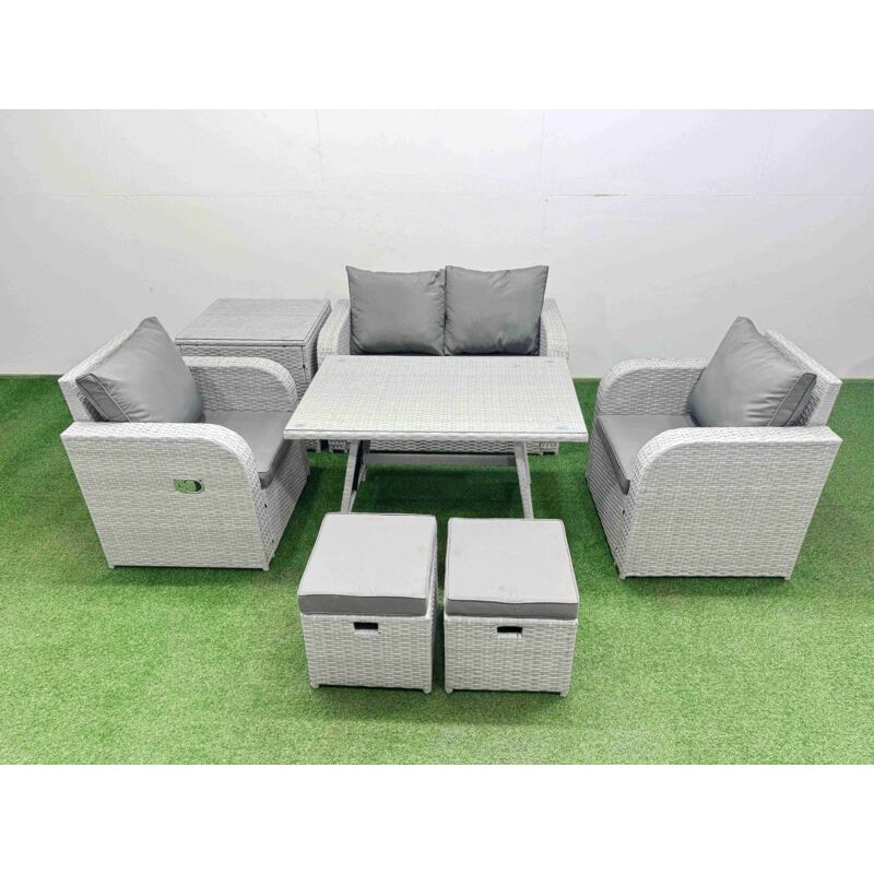 Light Grey pe Wicker Rattan Garden Furniture Set Sofa Set Reclining Chair Love Sofa Rectangular Dining Table 2 Small Stools Side Table - Fimous