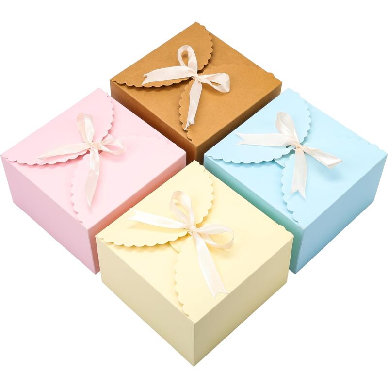 Linghhang - Pack of 20 Empty Square Pastel Scalloped Gift Boxes with Ribbon - 12 x 12 x 9 cm - Small Cardboard Gift Box for Weddings, Parties,