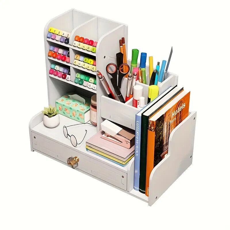 M.J COMFY-LIFE White Desk Organiser with Drawer Desktop Markers Pens Storage Multifunctional Pen Dividers Holder Tidy Caddy Stationery Artist Storage