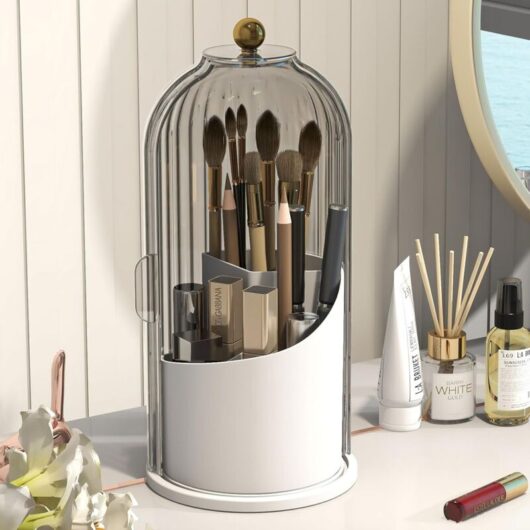 Makeup Brush Holder with Dustproof Cover 360 Rotating Makeup Brush Organizer for Vanity Bathroom, Grey