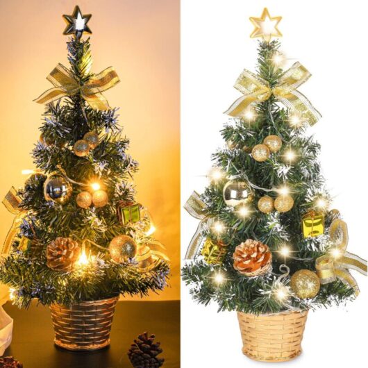 Mini Artificial Christmas Tree, Small Christmas Tree with LED Lights, Mini Decorative Tabletop Tree for Office, Bar, 40cm (Gold)