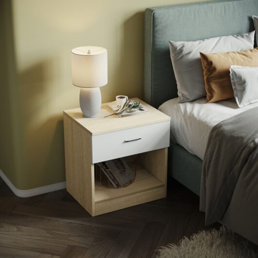 Modern High Gloss Bedside Cabinet Night Stand Storage Shelf with Bin Drawer, for Bedroom or Home Storage Organizer, White/Oak - Elegant