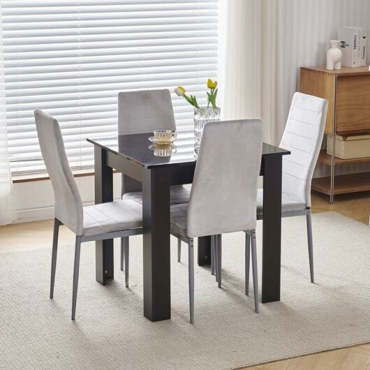Niceme - 75x75cm Square Dining Table and Chairs Set, Small Dining Room Set High Gloss Dining Table with Chairs Home Furniture (Grey Flannel, Black